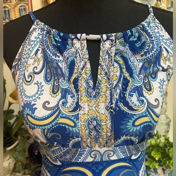 INC HALTER STYLE BLUE PAISLEY SILVER BEADING EMPIRE WAIST MAXI DRESS SZ XS - Picture 5 of 11